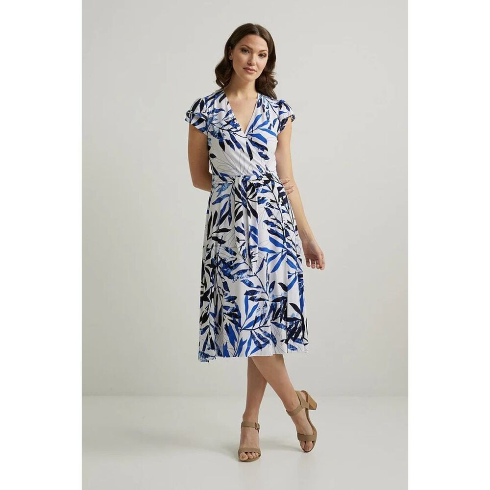 JOSEPH RIBKOFF Blue White Floral Print V-Neck Faux Wrap Midi Dress Size 10